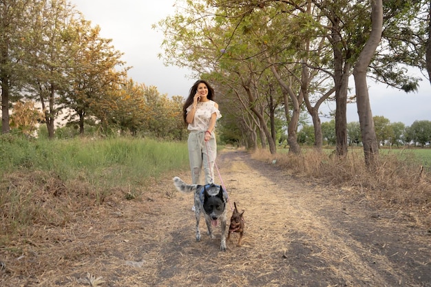 young adult woman using her smartphone while walking her dogs outdoors at sunset