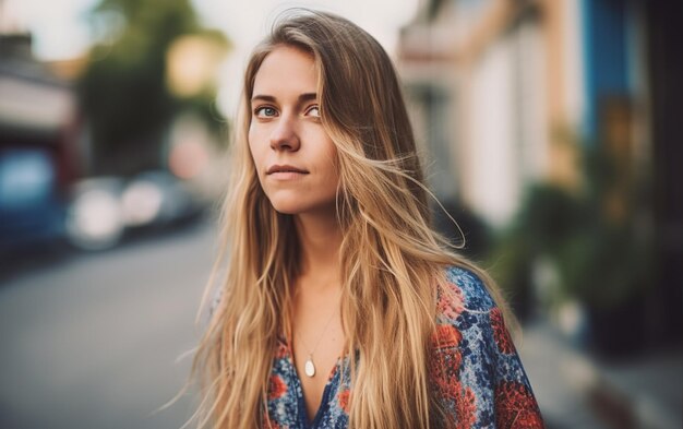 Young adult woman with blonde long hair outside in area AI Generative AI