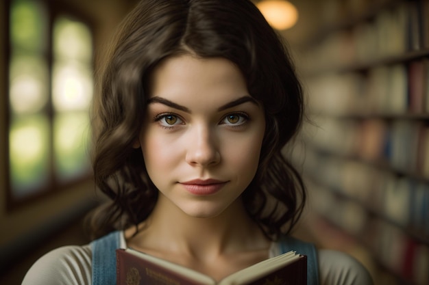 Молодая взрослая женщина с каштановыми волосами смотрит в камеру в библиотеке, ее лицо освещено кожей, и публикация, созданная ИИ