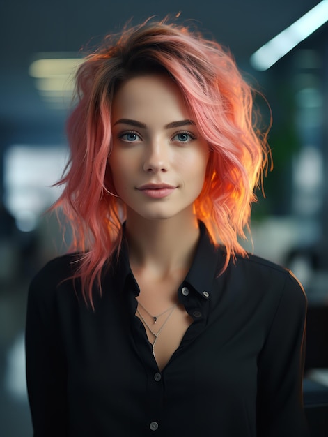 A young adult woman with colored hair in a modern workplace Generative Ai