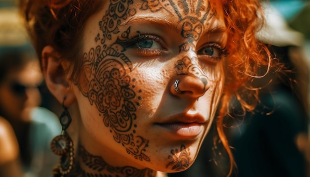 Young adult woman with creative face paint generated by AI