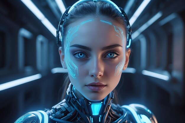 Photo young adult woman with futuristic beauty looking at camera glowing blue generated by artificial intelligence