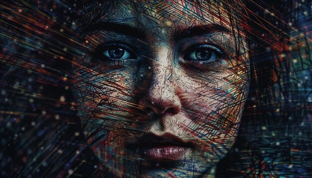 Young adult woman with futuristic beauty looking at camera glowing blue generated by artificial intelligence