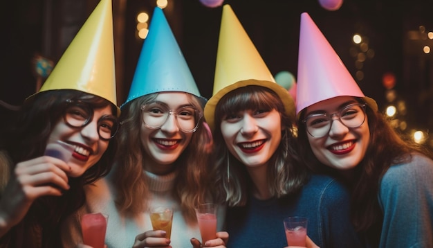 Young adults celebrate with champagne confetti and toothy smiles generated by artificial intelligence