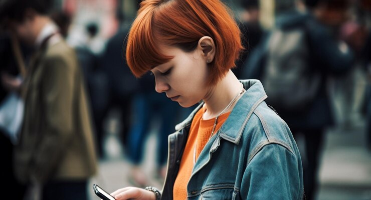 फोटो young adults in the city using smartphones for communication and networking generated by artificial intelligence