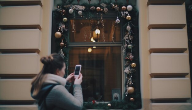 Foto giovani adulti che decorano gli interni con l'albero di natale e le luci generate dall'intelligenza artificiale