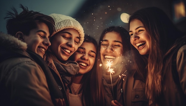 Young adults enjoy carefree winter nightlife together generated by AI