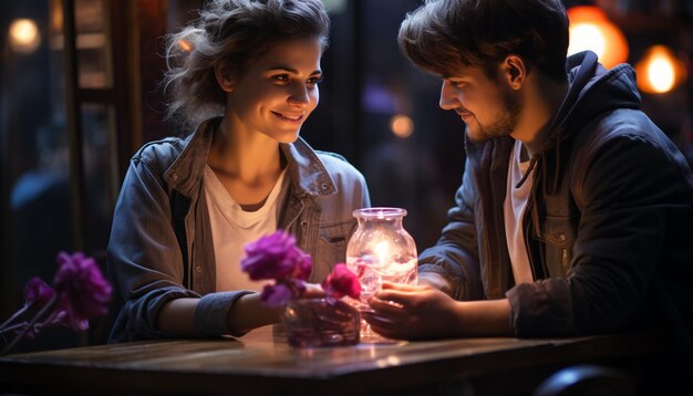 Фото Молодые люди наслаждаются романтической ночью в кафе, созданном искусственным интеллектом