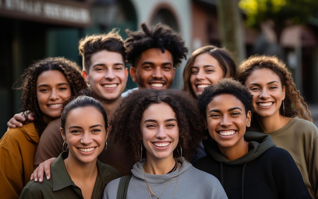 Young adults from diverse backgrounds all wearing smiles