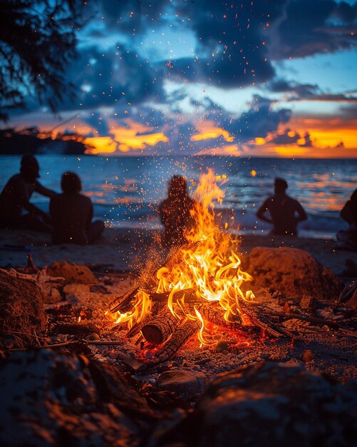 Photo young adults having a bonfire on the beach wallpaper