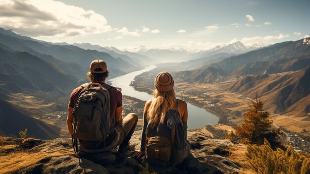 Young adults hiking mountain peak photographing nature