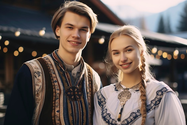 Фото Молодые взрослые в традиционной одежде улыбаются