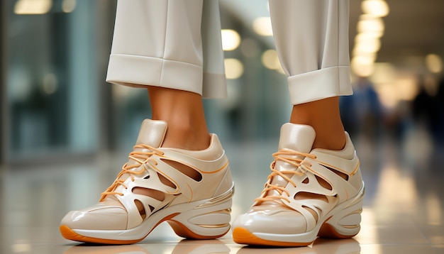 Giovani adulti che fanno jogging al chiuso indossando abbigliamento sportivo e scarpe alla moda generate dall'intelligenza artificiale