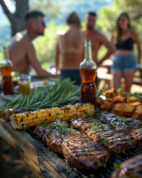 Photo young adults sitting around a picnic table background