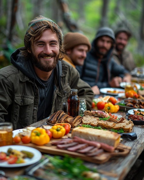 Foto giovani adulti seduti attorno a un tavolo da picnic sullo sfondo