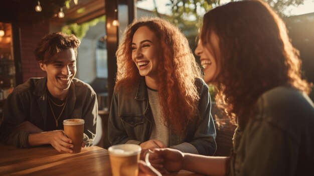 Young adults smiling enjoying coffee bonding in a casual