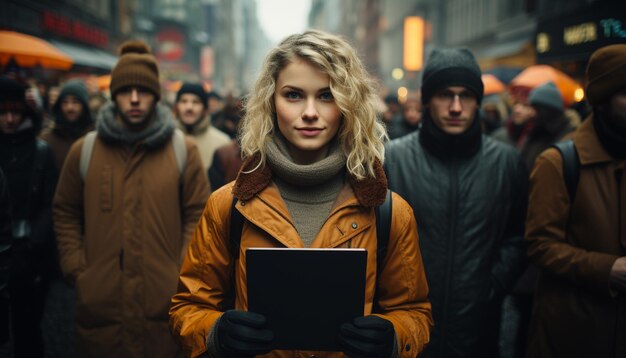 Young adults in warm clothing smiling walking in the city generated by artificial intelligence