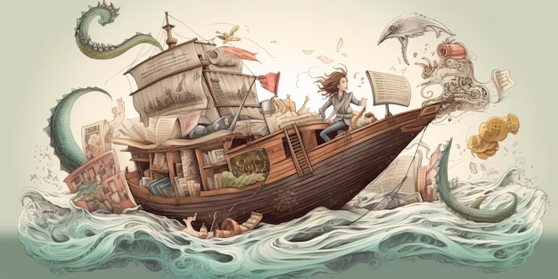 Юный искатель приключений плывет на книжном корабле по морю чернил и бумаги, а рядом с ним плавают фантастические существа Генеративный ИИ