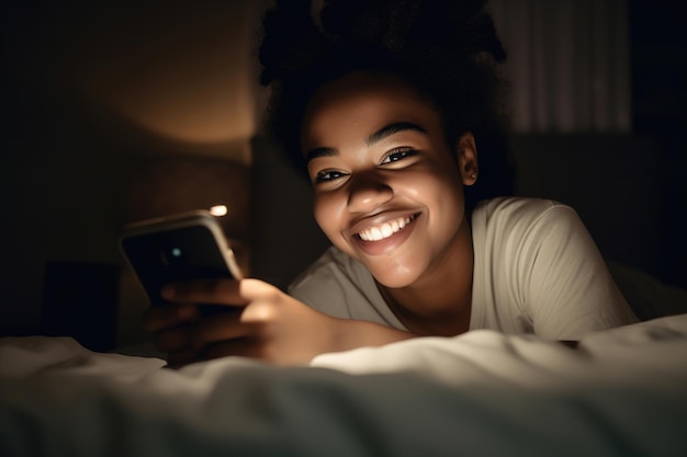 Молодая афро-американская девушка просматривает браузер на смартфоне в постели в полночь