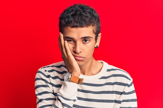 Photo young african amercian man wearing casual clothes thinking looking tired and bored with depression problems with crossed arms.