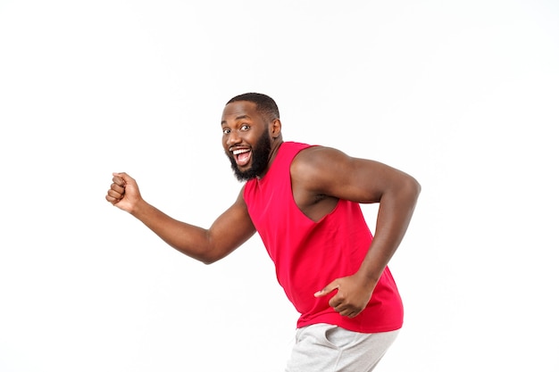 Young African American Athlete Sprinting Isolated on White Background.