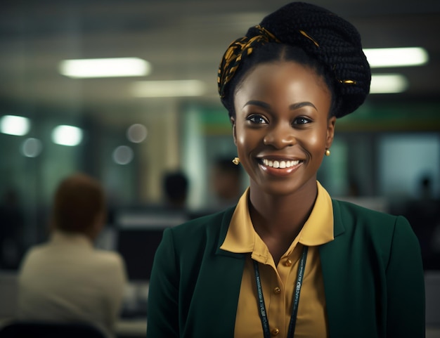 young African American black woman professional manager with head wrap portrait in office employee