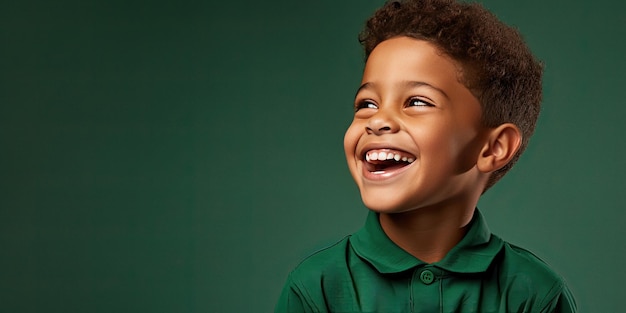 Young African American boy is smiling on green studio background