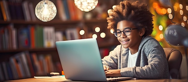 Photo young african american boy using laptop for online studying at home