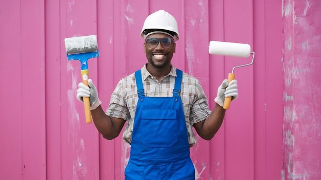 Photo young african american builder man wearing construction uniform and safety helmet holding paint rol