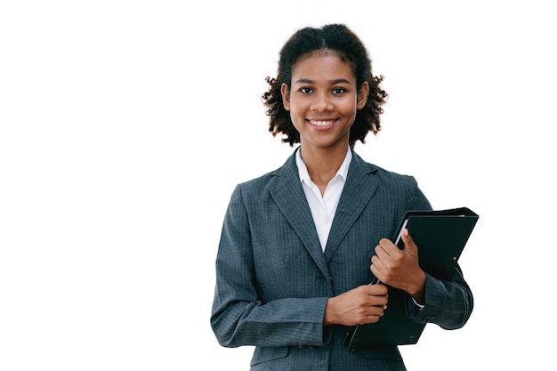 Young african american businesswoman or secretary standing on white background