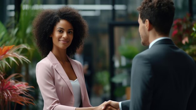 Photo young african american businesswoman shaking hands with her colleague generative ai