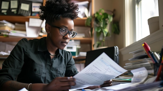 Young African American businesswoman working with papers at her desk in office