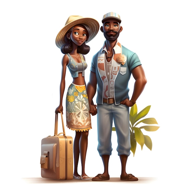 Молодая афроамериканская пара в летней одежде с чемоданом на белом фоне