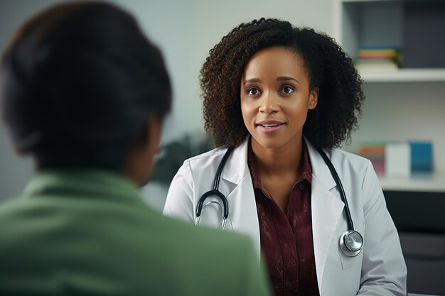 Photo young african american doctor woman talking with patient at a hospital