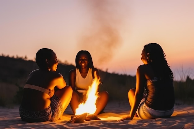 Young african american friends near bright bonfire in camp at night getting warm sitting near fire