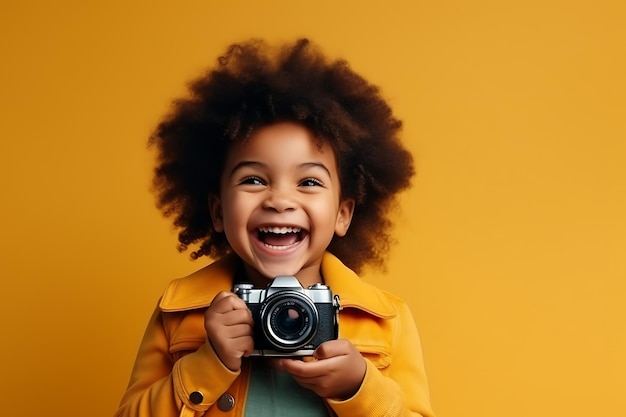 Photo a young african american girl as a holiday photographer capturing joyful moments