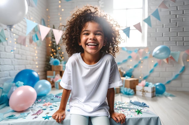 Young African American Girl Laughing in Festive Mermaid MarineThemed White Tshirt Party Mockup