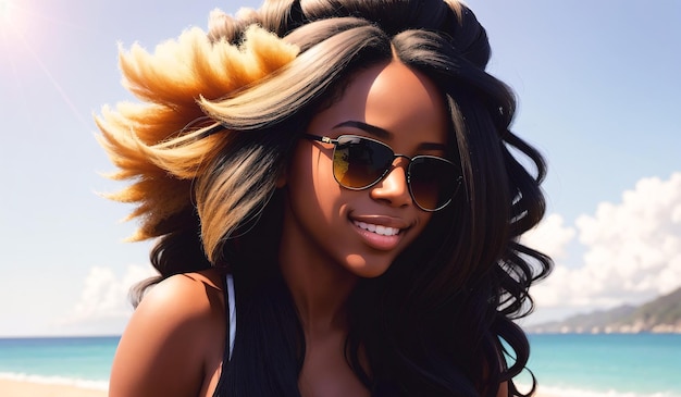 Young african american girl in sunglasses Portrait of black woman with happy smile in sunny weather Generative AI