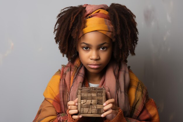 Young african american girl with wooden puzzle child mental health concept autism spectrum disorder awareness concept education on gray background copy space