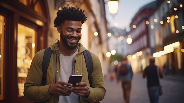 현대 장비를 갖춘 젊은 아프리카계 미국인 힙스터 남자가 휴일 동안 도시를 탐험하며 웃는 흑인 남자를 탐험하며 역사적인 중심지를 걷고 있습니다.