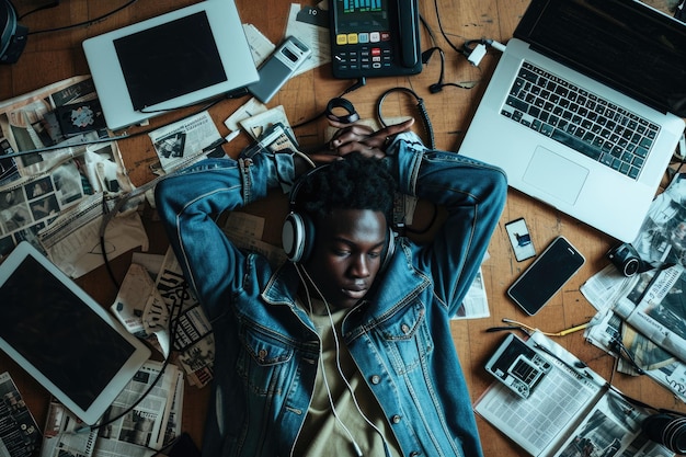 The young african american human laying down and listening to the music AIGX03