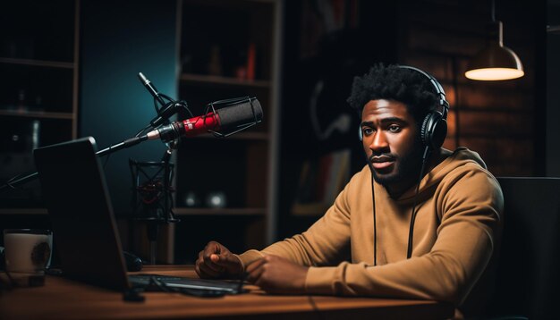 Photo young african american male blogger recording a podcast