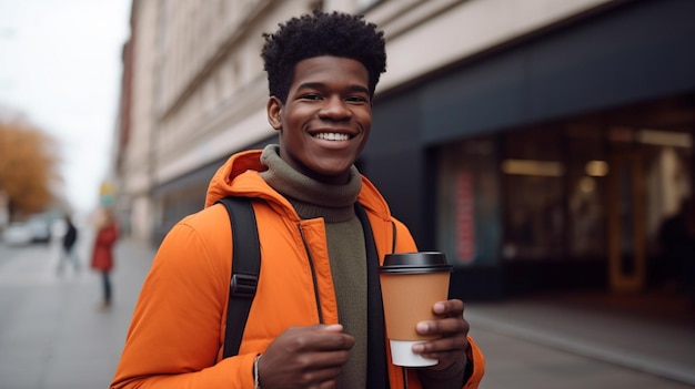 Young African American male holding his reusable coffee cup while standingGenerative AI