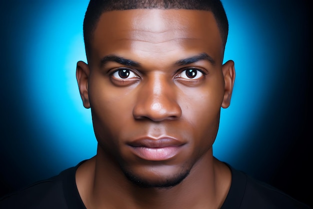 Photo a young african american man in a black tshirt poses against a black background with a blue light