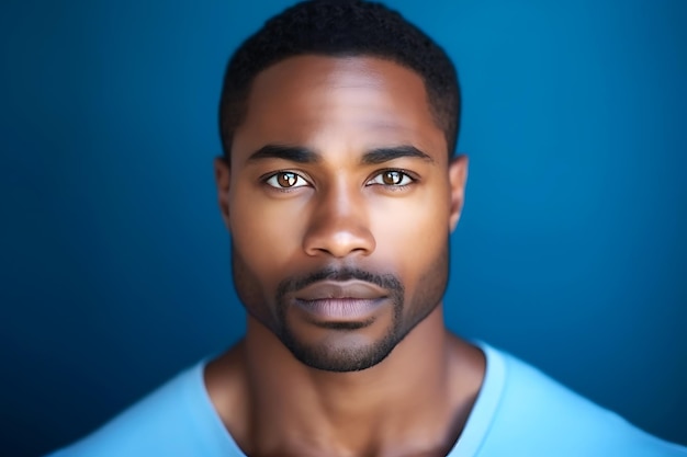 A young African American man in a blue tshirt poses against a dark blue background