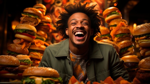 young african american man eating burger in restaurant fast food