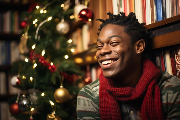 Photo young african american man laughing at christmas time in library