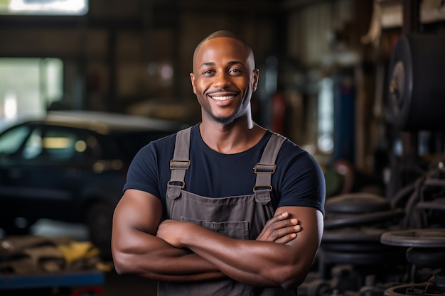 Young African American man in mechanic uniform