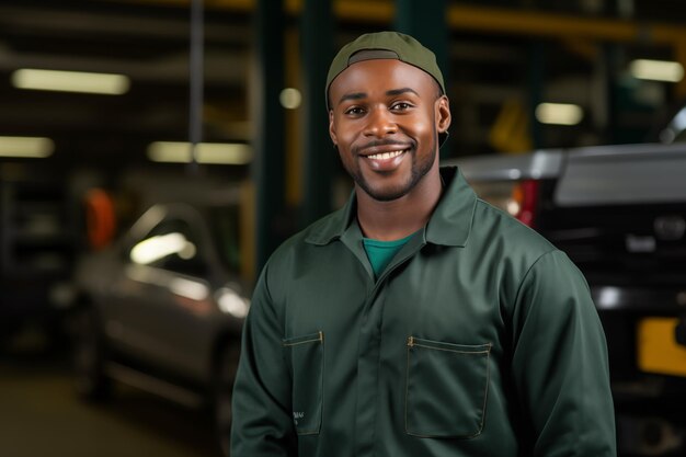 Young African American man in mechanic uniform