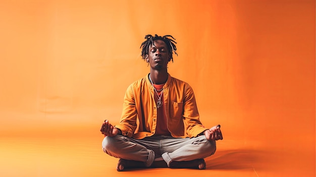 Молодой афроамериканский мужчина медитирует в позе лотоса на оранжевом фоне